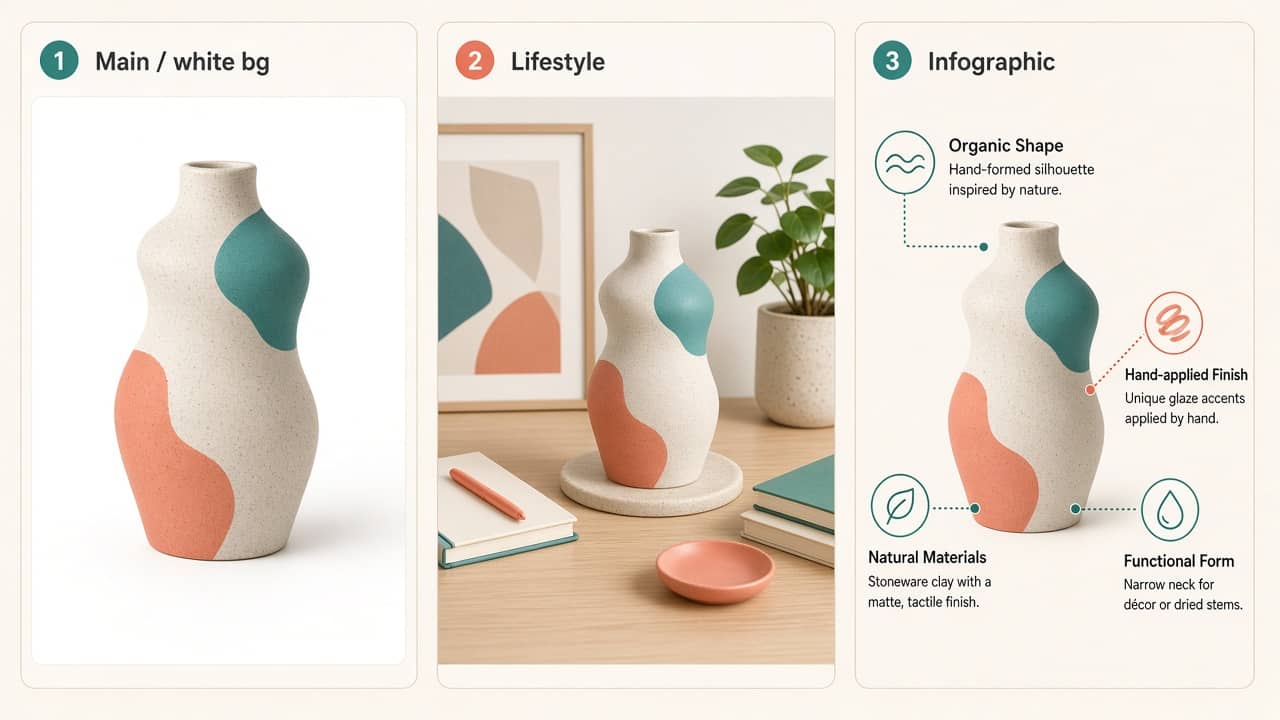 Side-by-side comparison of white-background main image, lifestyle scene, and selling-point infographic