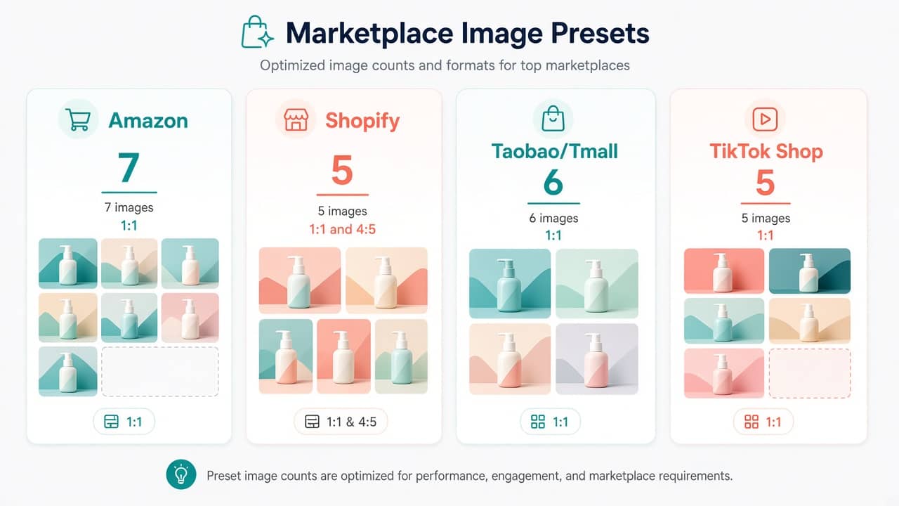 Four marketplace preset cards showing Amazon 7, Shopify 5, Taobao/Tmall 6, and TikTok Shop 5 image sets