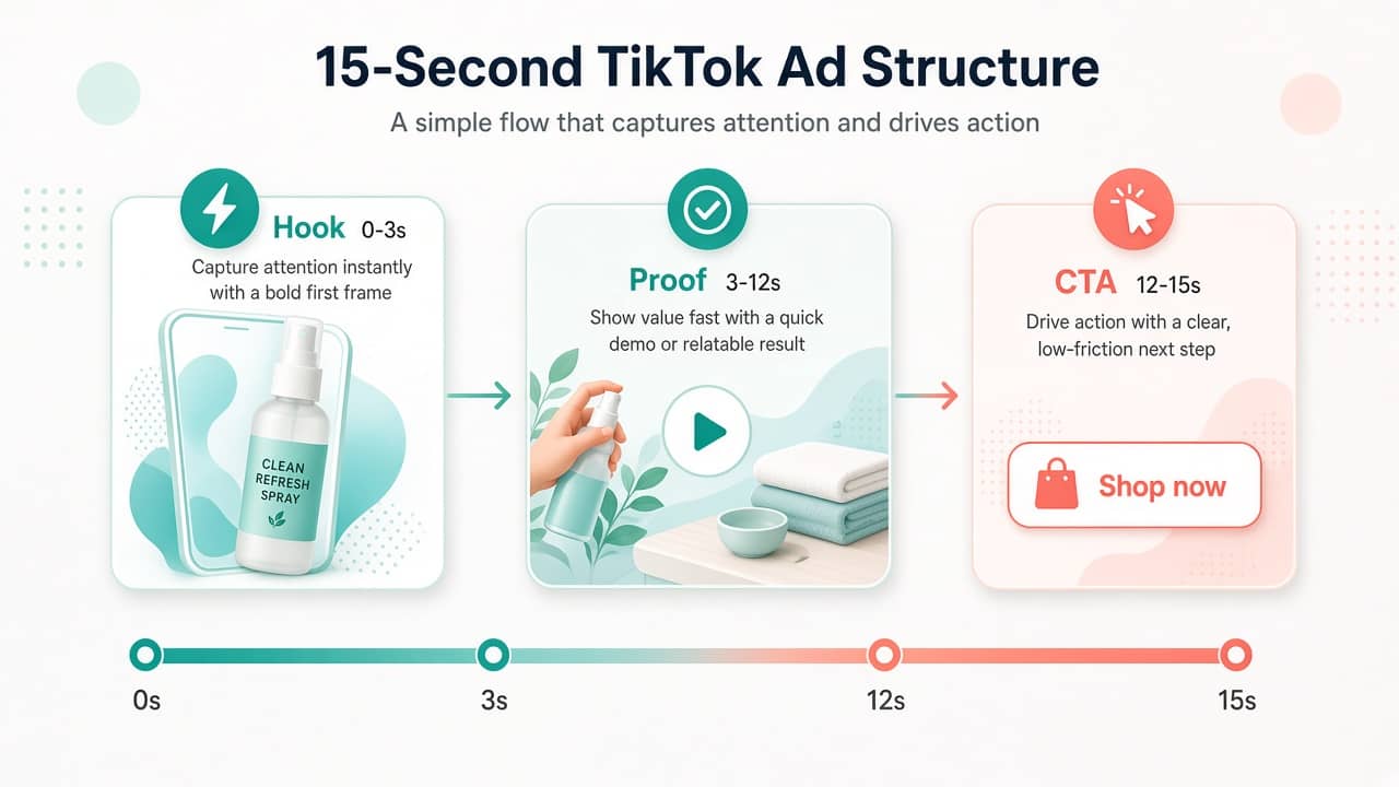 15-second TikTok ad timeline showing Hook 0–3s, Proof 3–12s, and CTA 12–15s