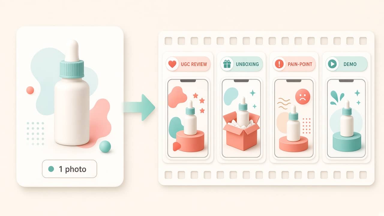 One product photo transforming into a multi-format UGC storyboard strip for TikTok and Meta ads