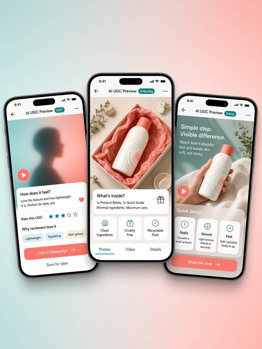 Three phone mockups showing UGC review, unboxing, and product demo ad previews